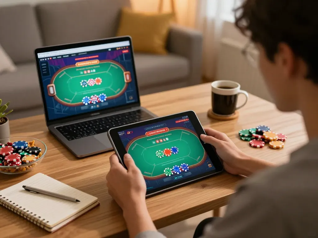 cloud-africa player engaging with online poker on tablet amidst a cozy home gaming setup