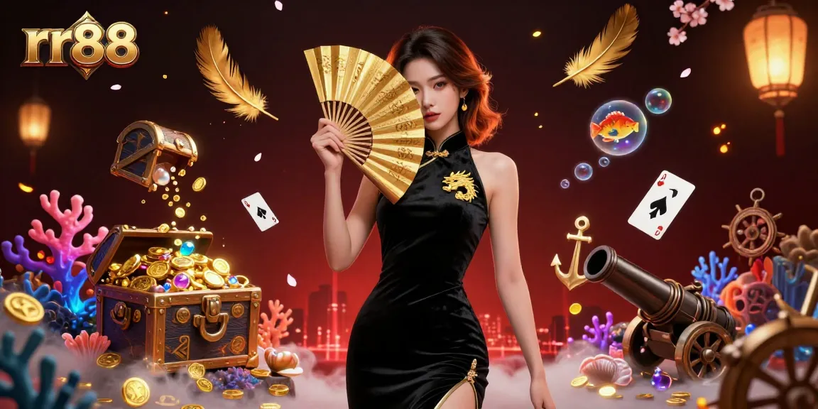 Experience thrilling action at rr88 with a stunning Asian woman radiating elegance amidst rich underwater treasures.