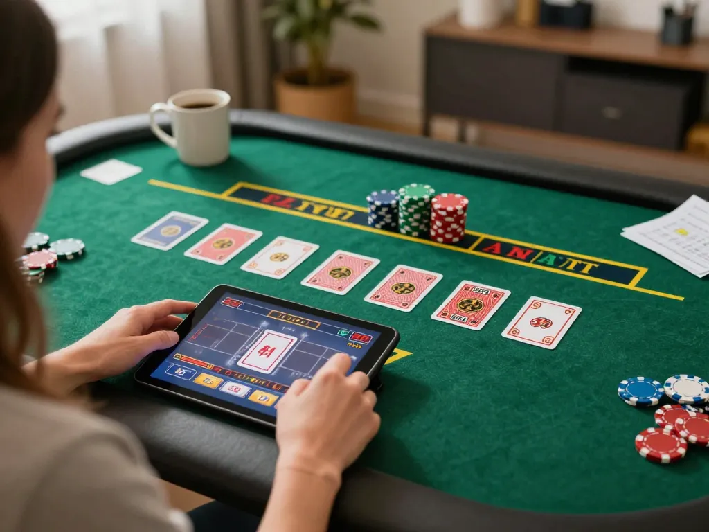 Engaging in Pragmaticplay online card game on tablet at home with strategic notes and warm ambiance