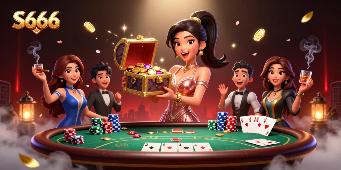 S666 players engage in casino excitement with golden treasures and poker action.