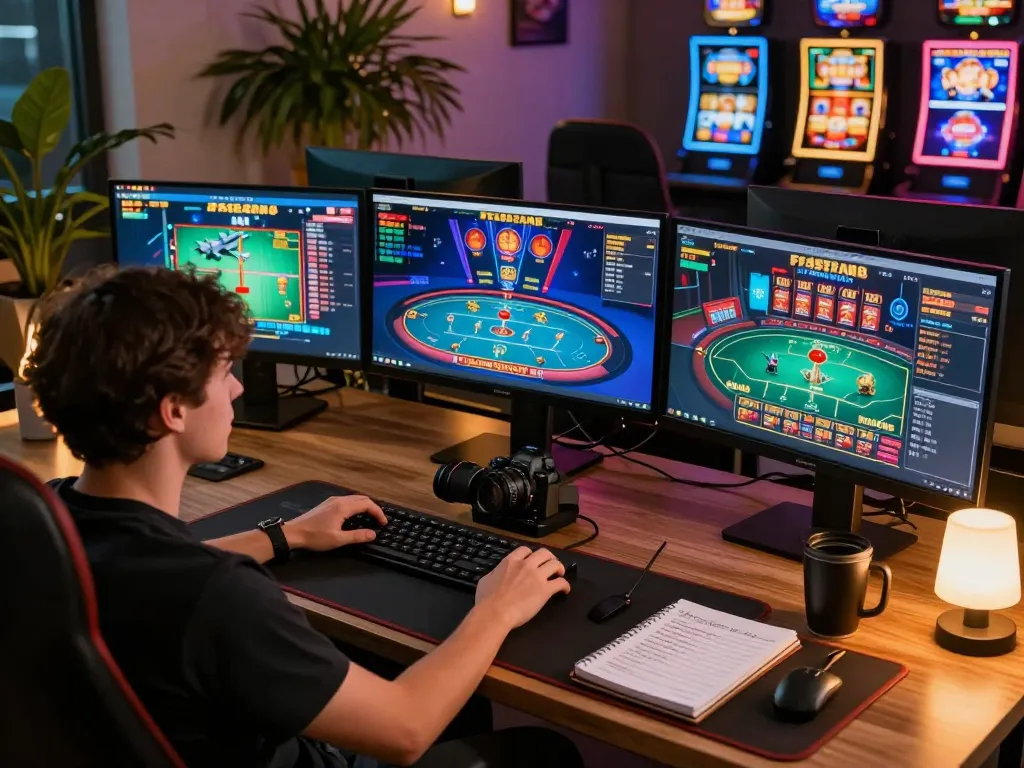 Engaged player enjoying F168 online gaming with multiple casino game screens and notes for strategy