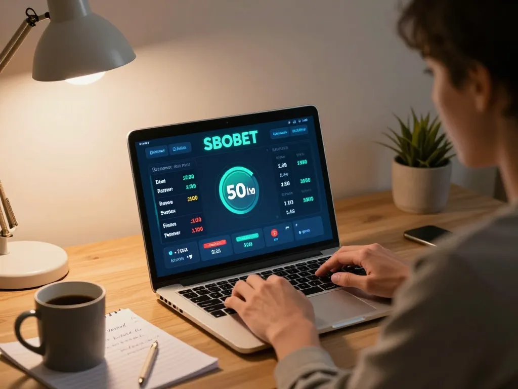 SBOBET sports betting setup with person focused on laptop, showcasing betting odds.