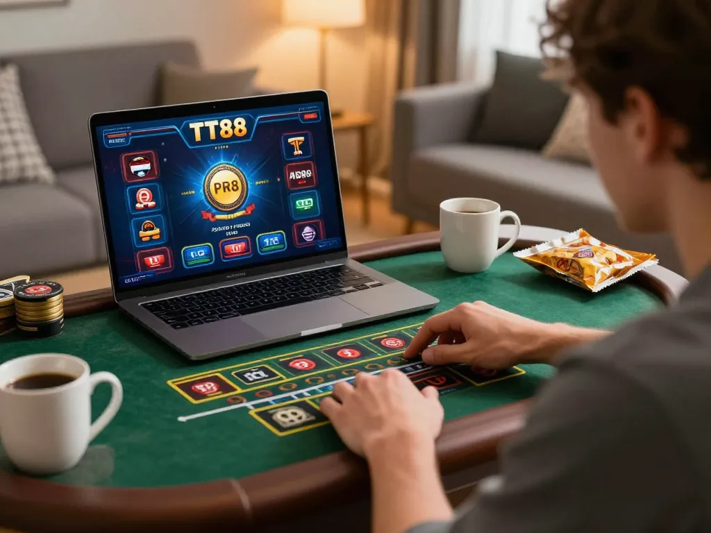 Player engaging in online gambling at TT88 with focused strategy in a cozy environment.