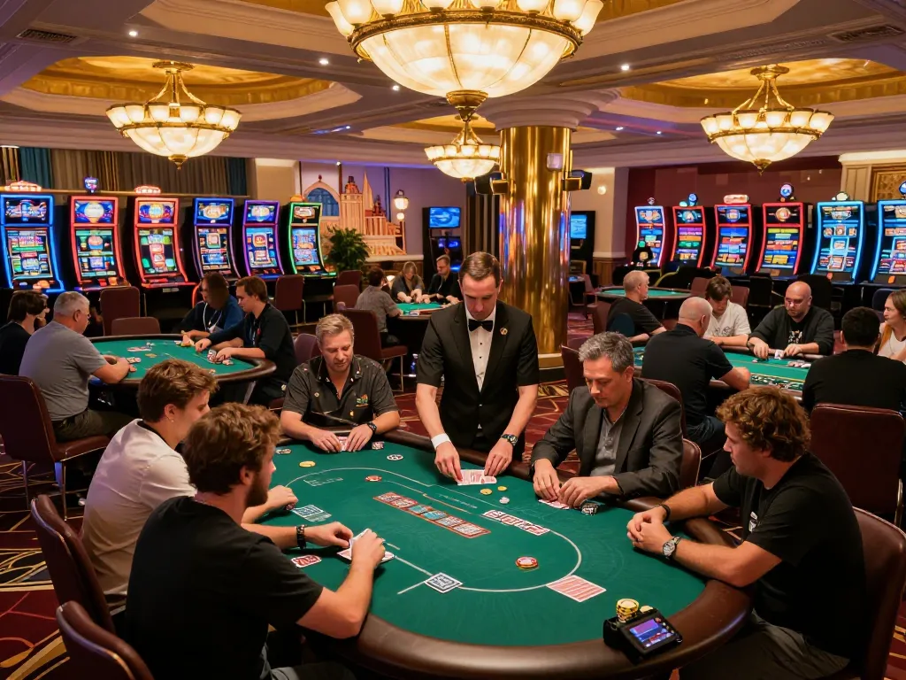 Players strategizing at poker tables in a bustling 123bmvp casino atmosphere filled with excitement