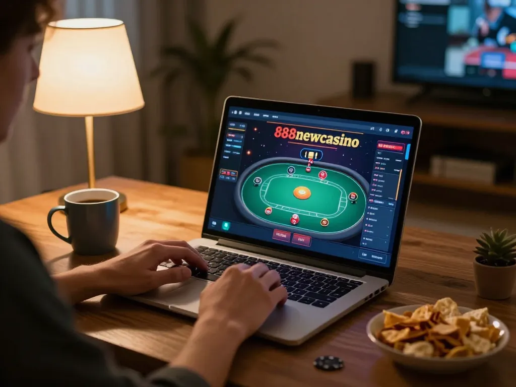 Engaging in thrilling gameplay at 888newcasino using a laptop in a cozy home setting