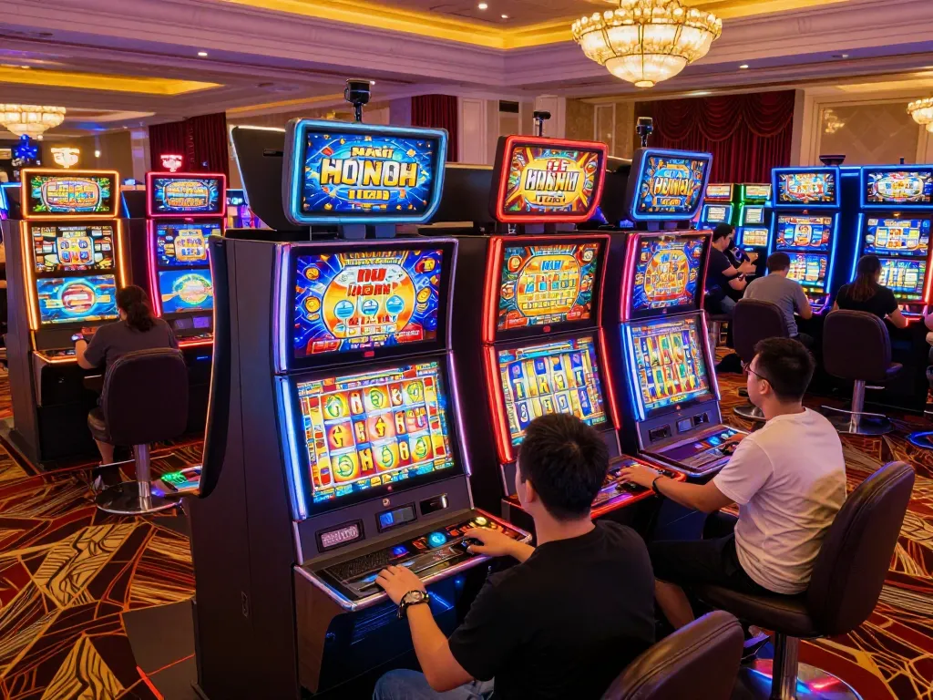 Players engaging with vibrant nổ hũ slot machines in a luxurious casino, illuminated with colorful lights.