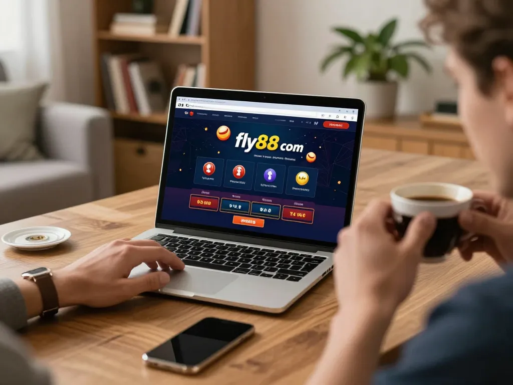 Engaged user placing bets on fly88 com in a cozy home setting with a laptop and coffee.