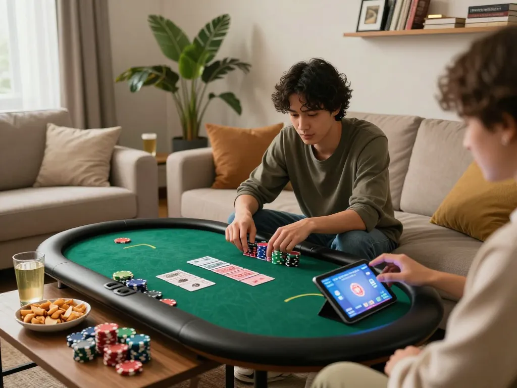 Player engages with win55 online poker game on a tablet in a cozy living room setting