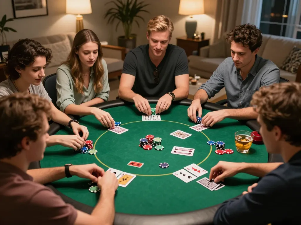 Players enjoy a thrilling poker night at home focusing on strategic gameplay with NEGO77 cards and chips.