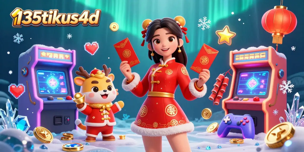 Experience the vibrant atmosphere of 135tikus4d with a colorful casino scene featuring an Asian woman celebrating Lunar New Year.