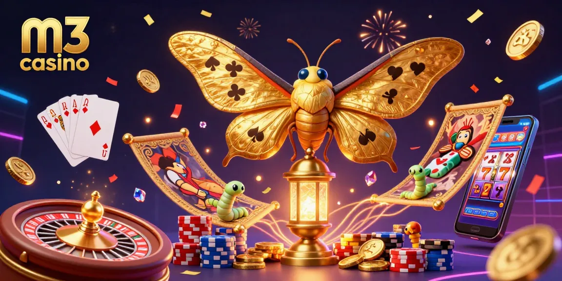 Engage with the vibrant m3 casino experience featuring slot machine reels, golden coins, and a spectacular 3D moth.