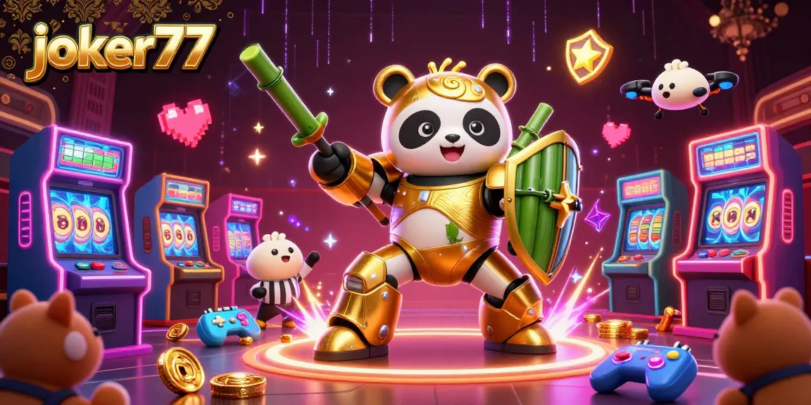 Engage with joker77's exciting slot machines and characters in this vibrant casino scene.