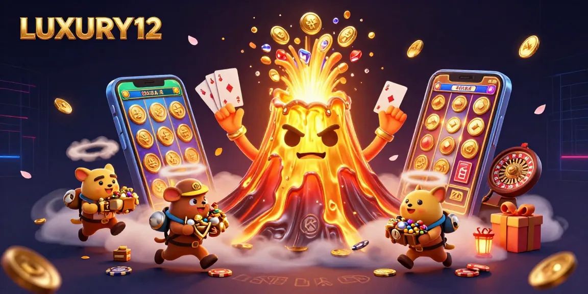LUXURY12 players can win big as a golden volcano erupts with treasures in an exciting casino scene.