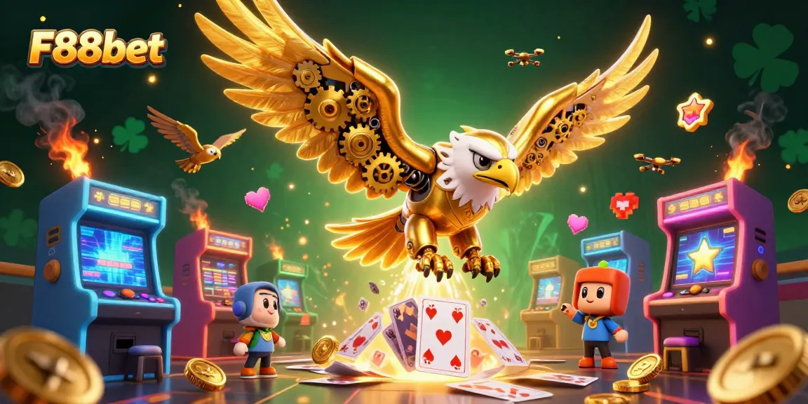 Experience thrilling games and bonuses at F88bet, where golden eagles soar amidst dazzling casino elements.