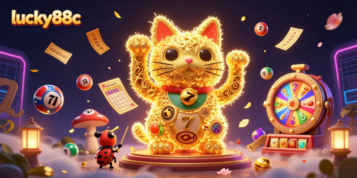 Win with lucky88c as dynamic golden fireflies and a giant lucky cat illuminate the casino world.