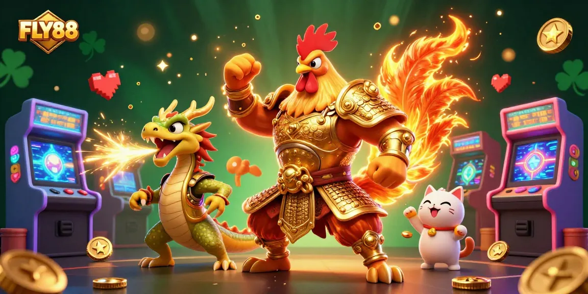 FLY88's vibrant casino scene featuring a fighting rooster, dragon hatchling, and fortune cat amidst gaming action.