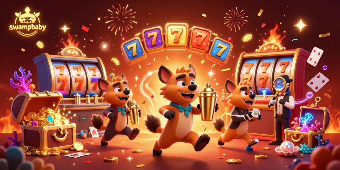 Engage in thrilling gameplay with swampbaby featuring lively hyenas in a packed casino scene, showcasing interactive slots and winning moments.