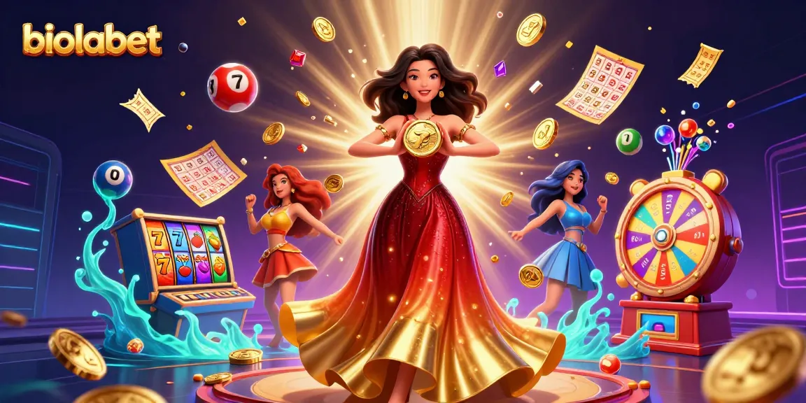Berinteraksi dengan slot biolabet, menampilkan wanita Asia yang menawan memegang koin emas di antara elemen permainan yang hidup.