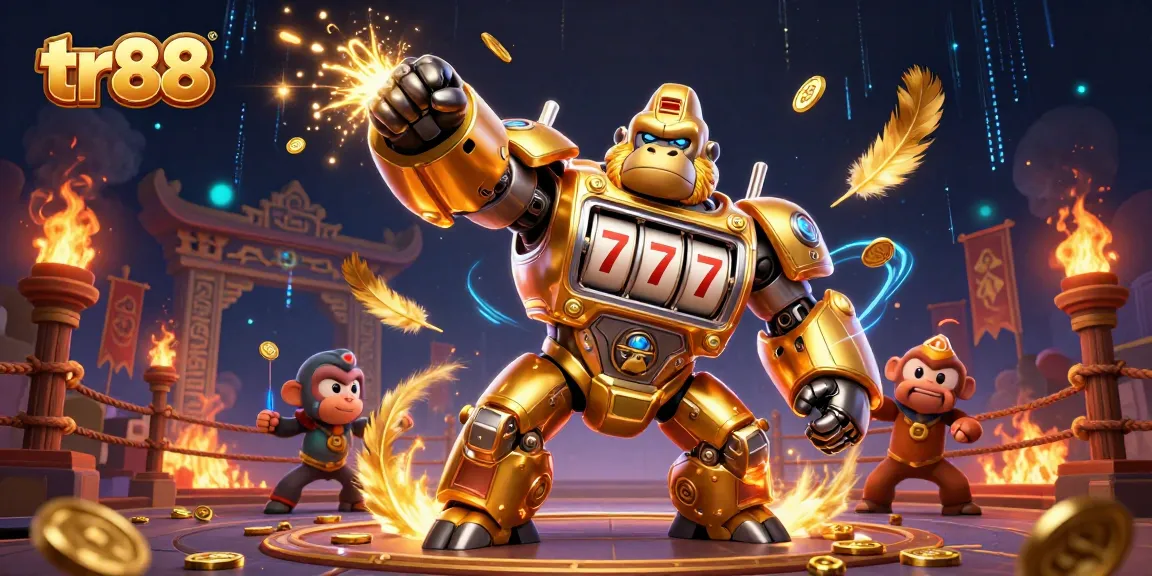 tr88 gorilla mech launching coins in a vibrant casino atmosphere with slot machine elements.