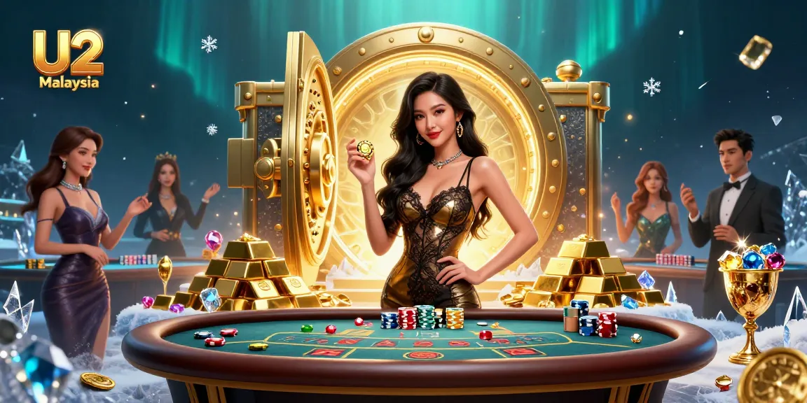 A captivating gaming scene at U2 Malaysia, showcasing a confident player at baccarat surrounded by golden treasures.