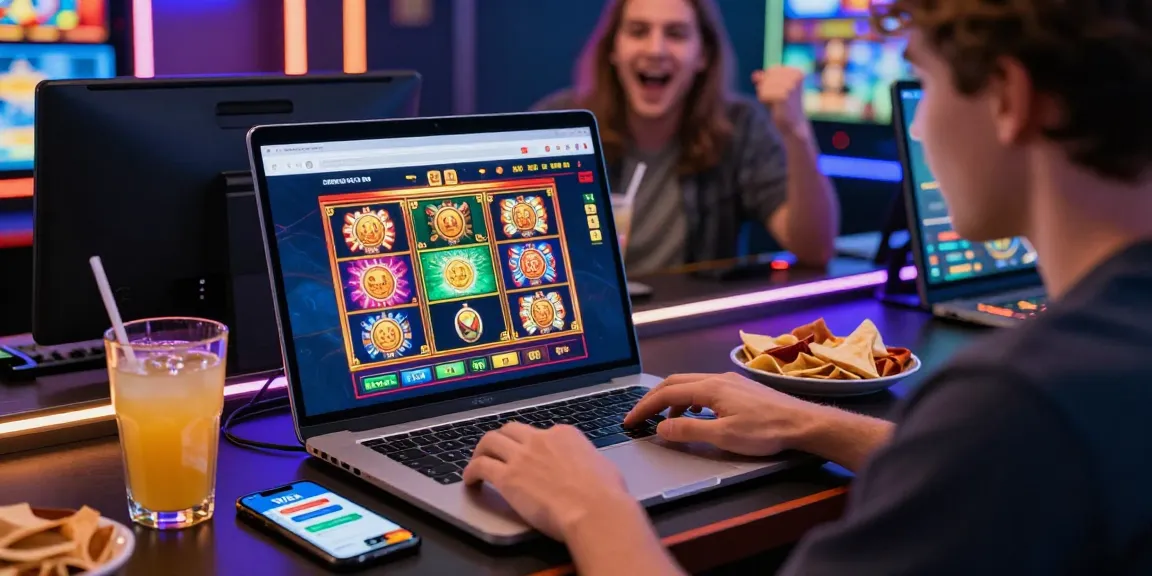 Engaged player enjoying credit card casinos at eatm.org.uk with colorful slot games displayed, showcasing modern gaming setup and vibrant atmosphere.