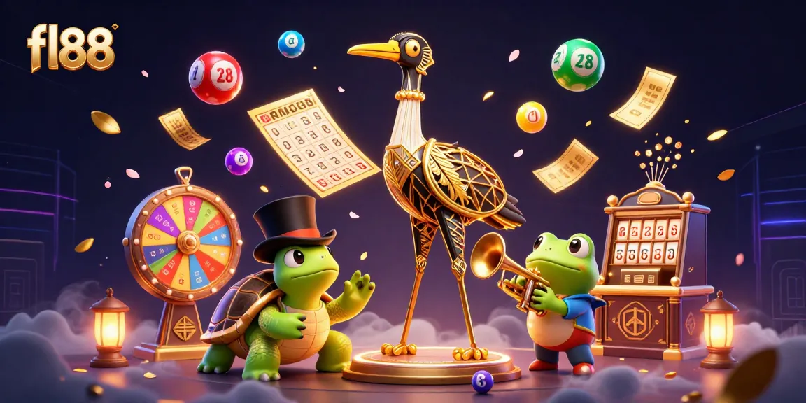 Win big with fl88 at the vibrant casino scene featuring an art deco crane, turtle, and frog.