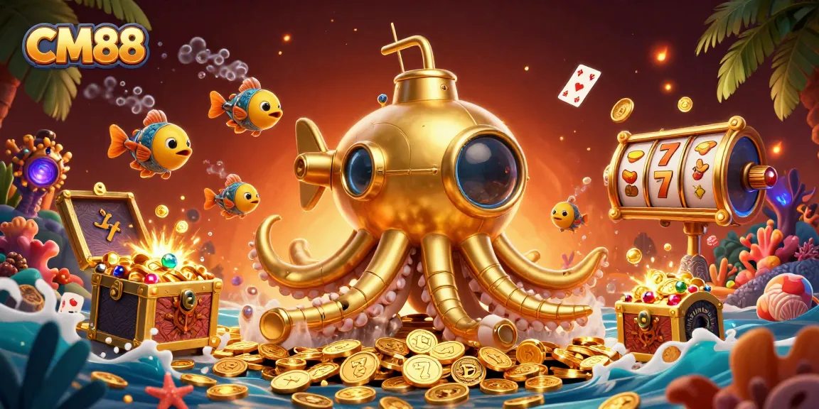 Engage in thrilling slots adventures at CM88 with vibrant 3D illustrations of gold coins and slots.