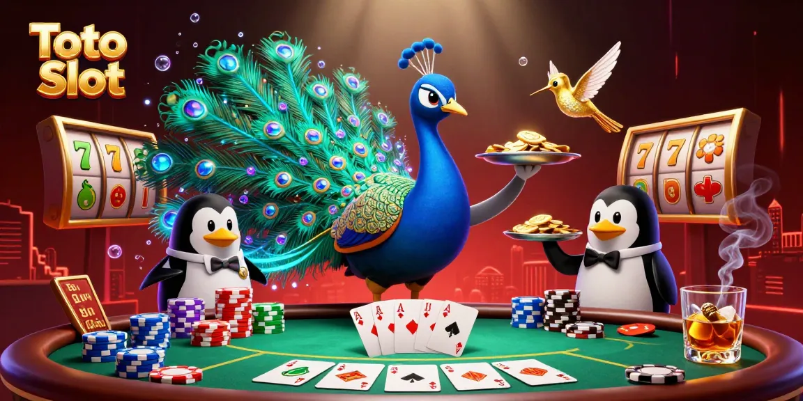 Toto Slot game scene with an aristocratic peacock, butler penguin, and hummingbird surrounded by vibrant casino elements.
