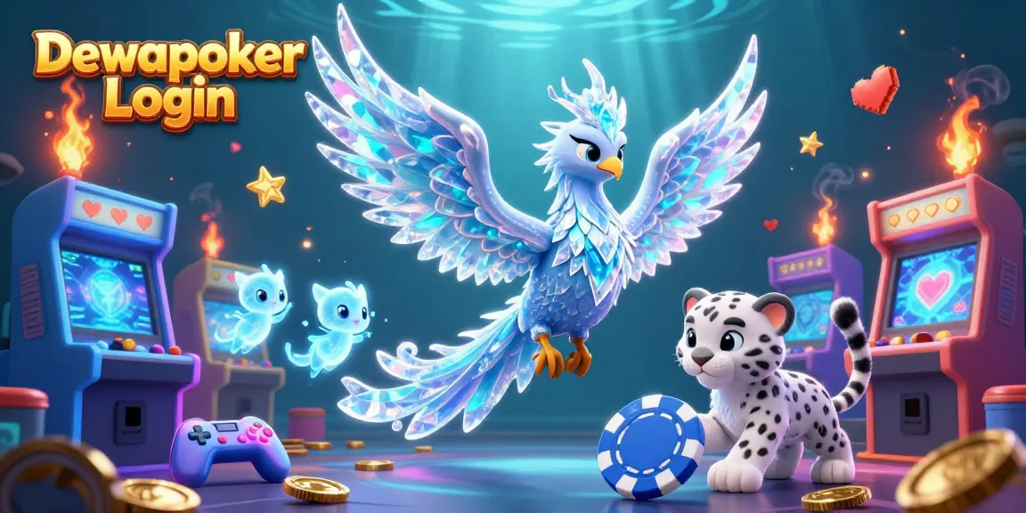 Dewapoker Login features an ice phoenix and snow leopard cub amidst vibrant gaming elements, showcasing the thrill of online poker.
