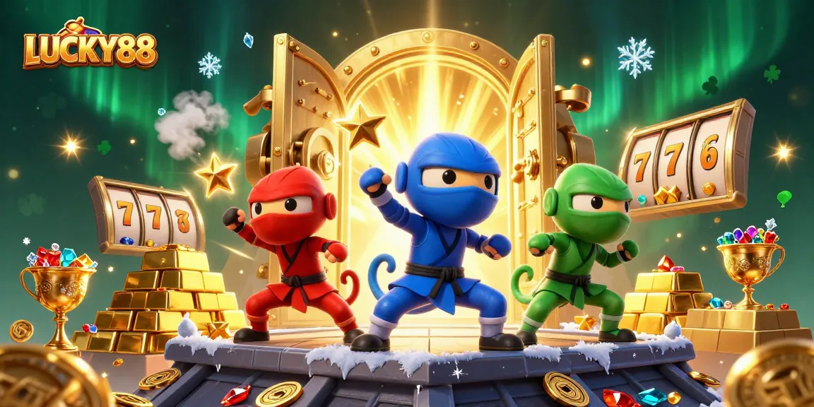 LUCKY88 slot game illustrated with ninja chameleons and treasure elements for an exciting casino experience.