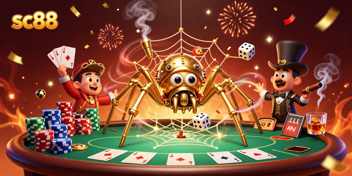Experience thrilling sc88 adventures as a steampunk spider weaves a web of golden poker chips and dice.