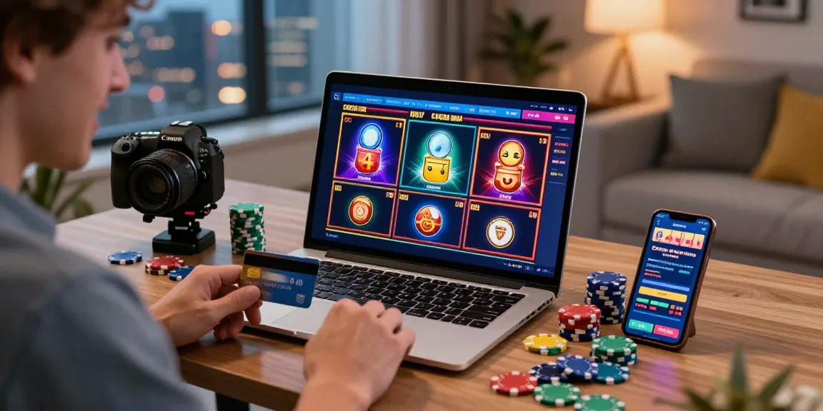 Engaged player enjoying credit card casinos at https://dea.org.uk with vibrant slot games and a cozy home setting.