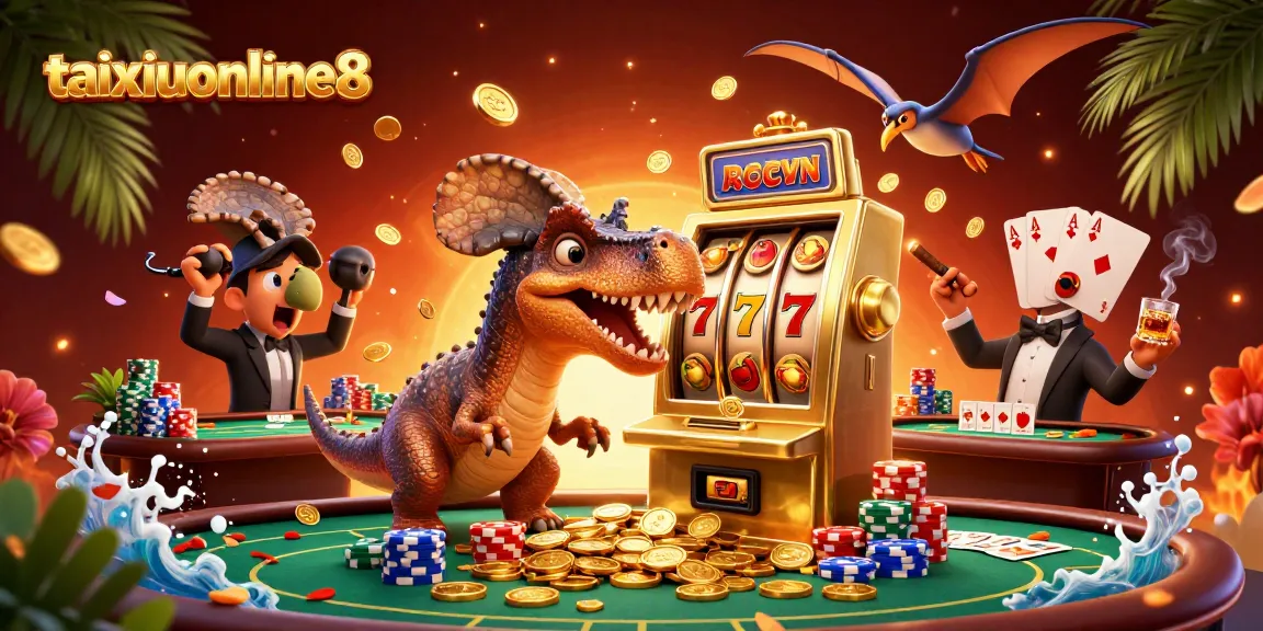 Watch the taixiuonline8 pachycephalosaurus score a jackpot at the slot machine amidst colorful casino elements.