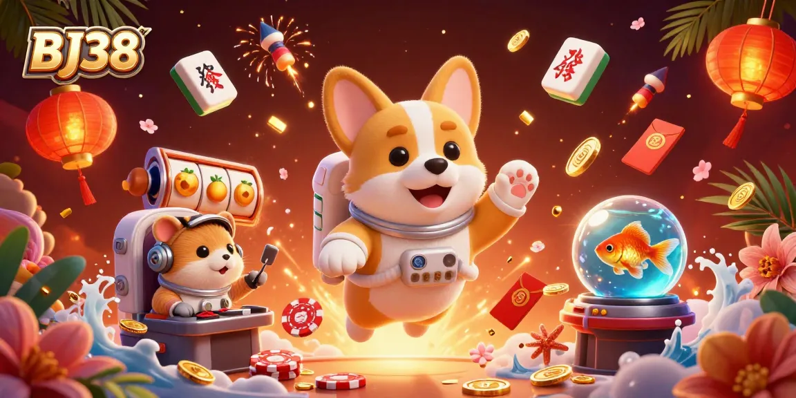 Experience the excitement at BJ38 with vibrant floating casino elements and characters engaged in thrilling activities.