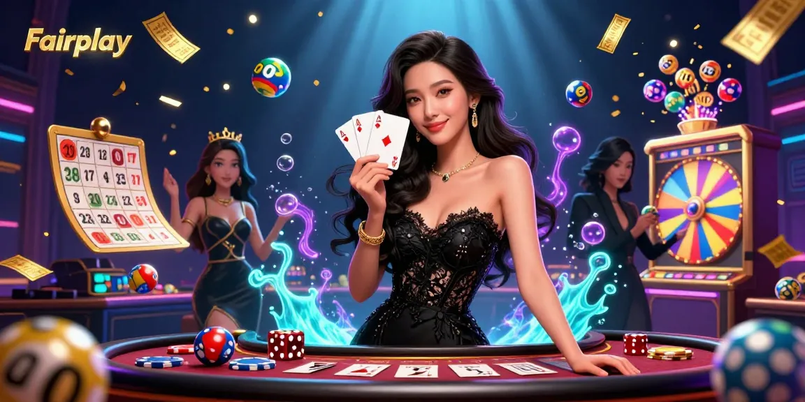 Engage in Fairplay with vibrant lottery elements, poker cards, and golden casino visuals