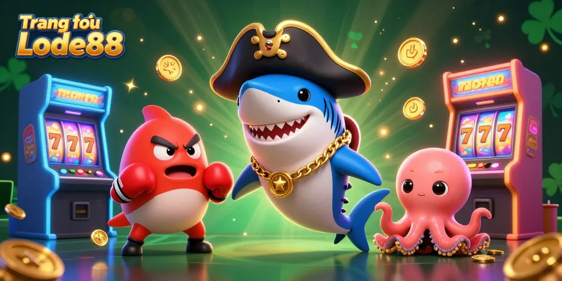 Engage with the vibrant world of Trang chủ Lode88 featuring a pirate shark, pufferfish, and octopus amidst a lively casino.