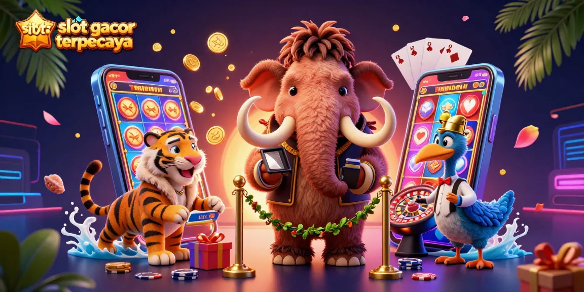 Gambarkan situs slot gacor terpercaya di mana mammoth kasino pemeriksa ID bersama tamu VIP harimau dengan slot game berkilau dan koin emas.