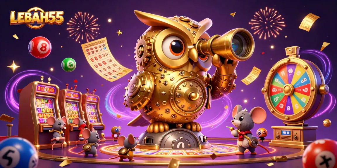 Engage with LEBAH55's ultimate gaming experience featuring lively illustrations of slot machines and a whimsical golden owl.