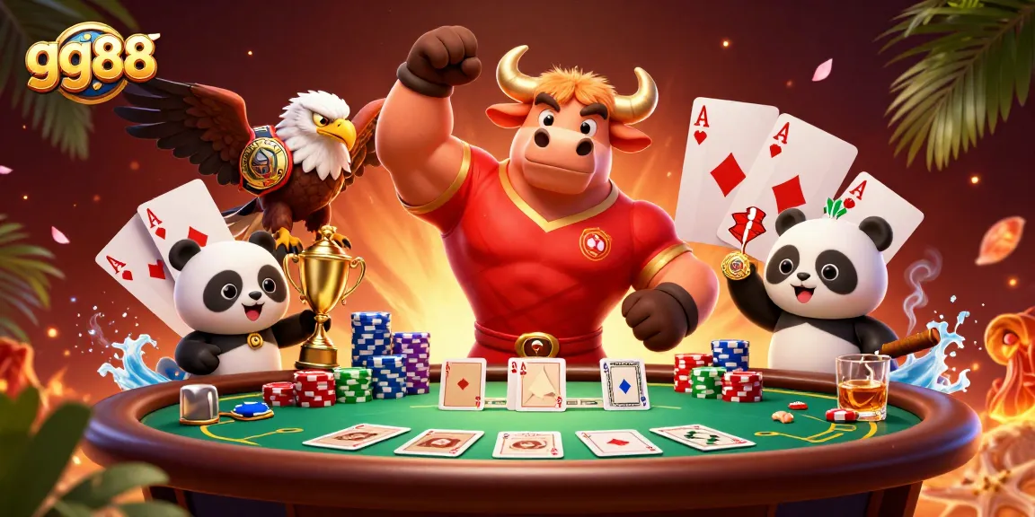 Join the celebration at gg88 with a dynamic gaming scene featuring a victorious bull mascot amidst poker chips and cards.