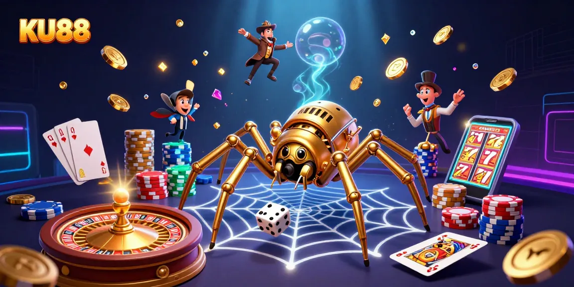 Experience thrilling gameplay at KU88 with a dynamic 3D scene full of casino elements and excitement.