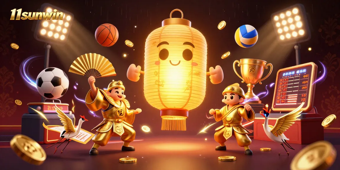 Experience the magical 11sunwin casino realm with golden lanterns, dynamic sports elements, and vibrant visuals!