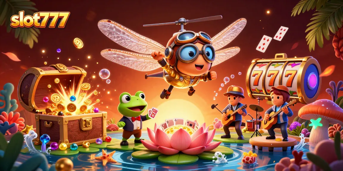 Spin the slot777 reels in this vibrant fantasy casino scene featuring dragonflies and frogs.