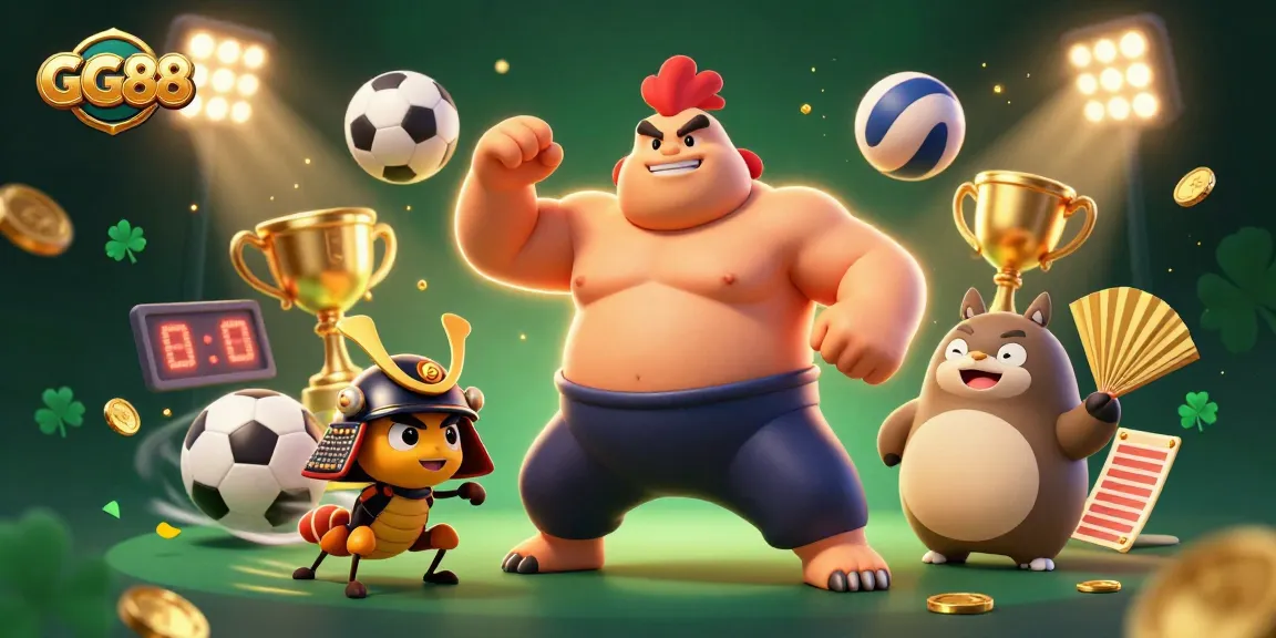 Experience the excitement of GG88 as the powerful sumo wrestler rooster prepares for a thrilling match amidst dynamic gambling elements.