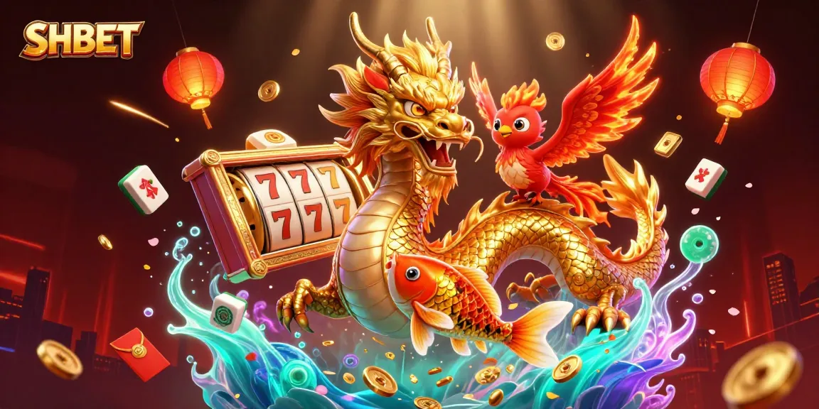Experience the excitement of SHBET with a vibrant 3D illustration showcasing casino games and lucky symbols.