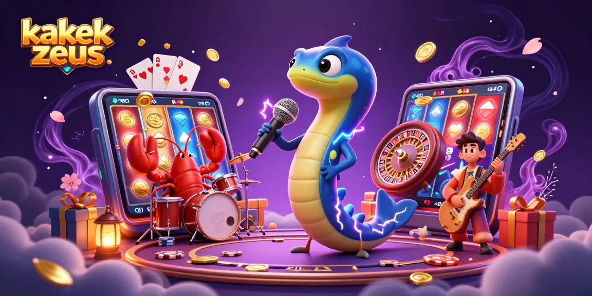 Kakek Zeus entertaining in an underwater casino with vibrant slot game elements and energetic characters.