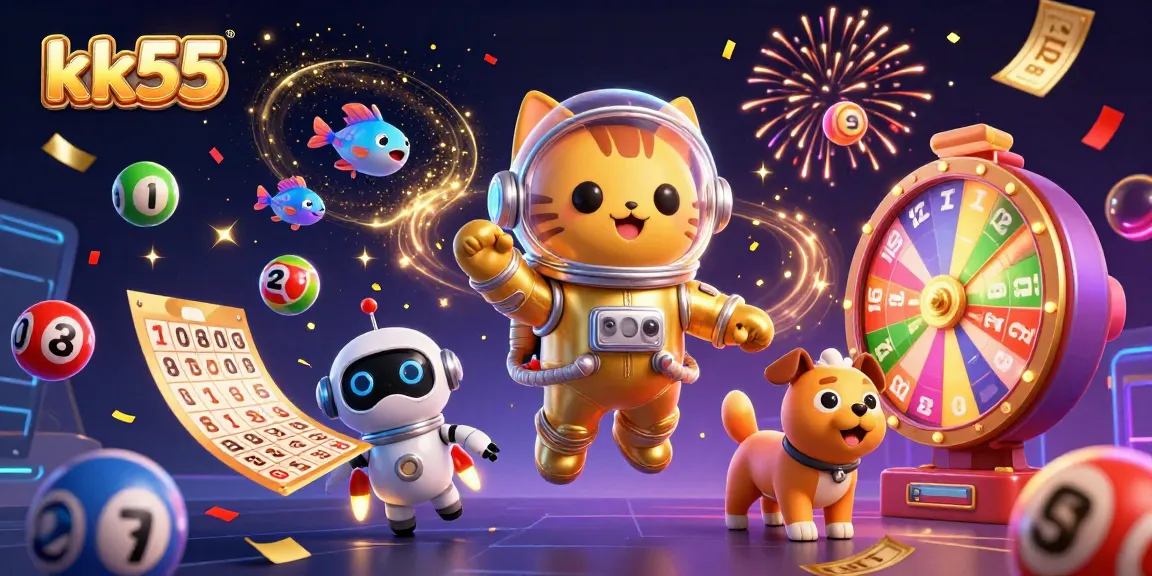 kk55 casino-themed illustration with a space astronaut cat and vibrant lottery elements