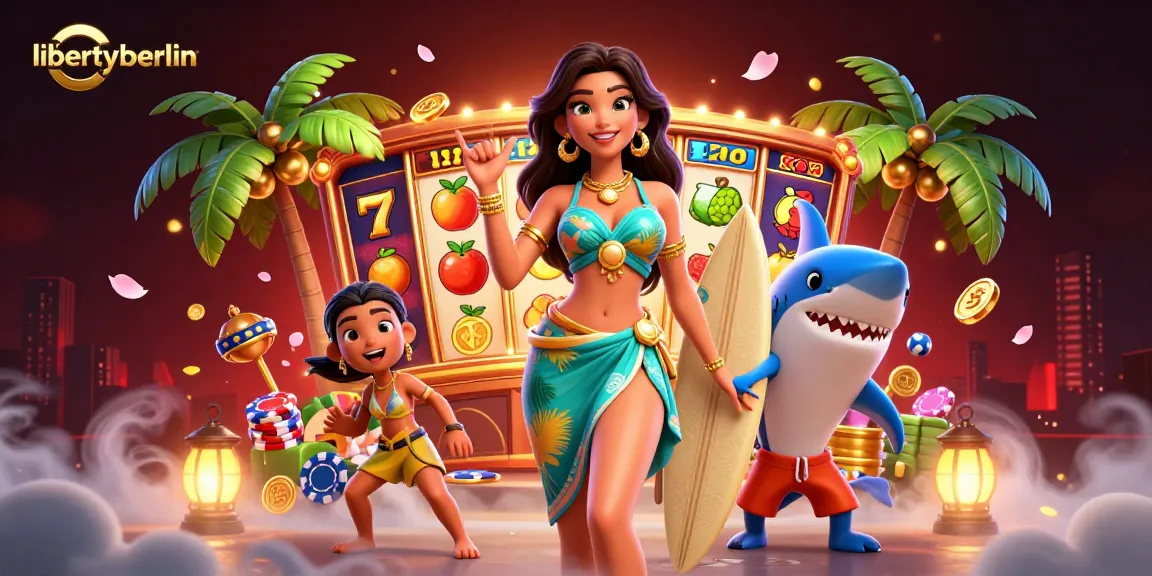 libertyberlin showcases a vibrant 3D casino scene filled with slot machines, coins, and characters.