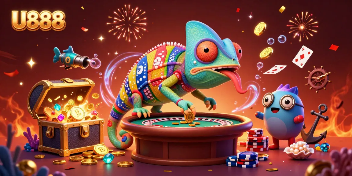 Experience the thrill of U888 with a colorful gambling adventure featuring a chameleon casino owner.