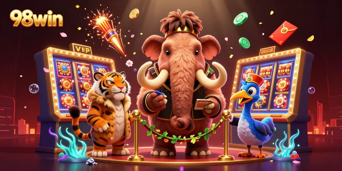 Experience the thrill of 98win with vibrant 3D casino characters and dynamic gambling elements.