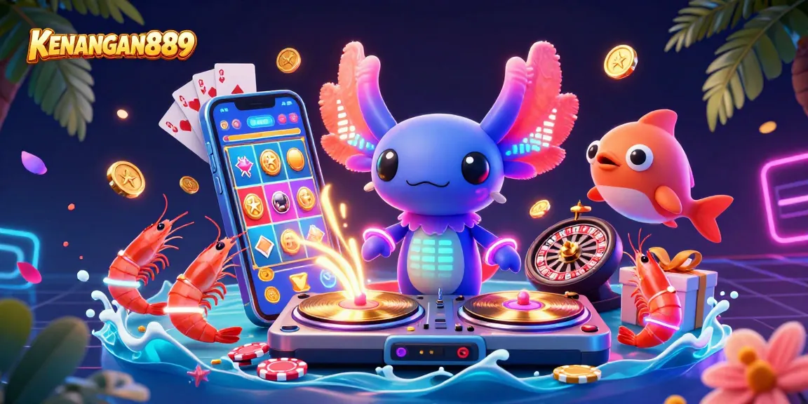 KENANGAN889 illuminates the casino realm, featuring a vibrant axolotl DJ and dynamic gaming elements.